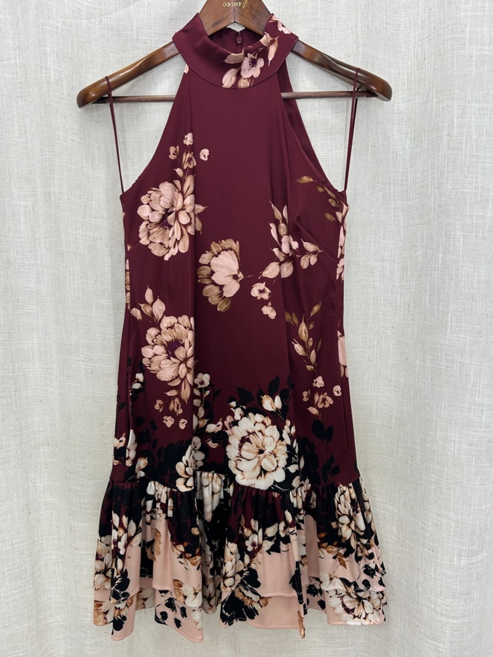Belle Badgley Mischka Burgundy Floral Halter Ruffle Dress Size 0